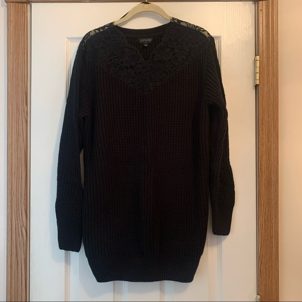 Topshop black long sleeve sweater mini dress with lace detailing